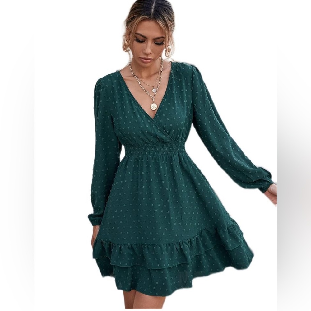 Japna Green Flowy Long Sleeve Mini Dress w Blended Polka Dot size small